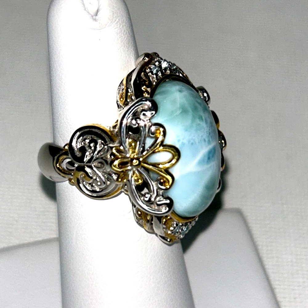 Gems en Vogue Sterling 18K Accent Genuine Larimar Blue Topaz Gemstone Ring Boho - Picture 4 of 12